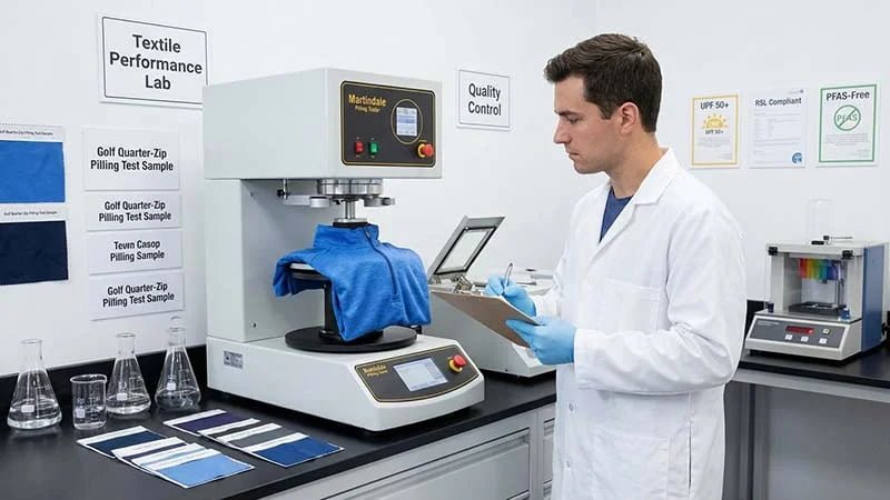 A lab technician performing a pilling test on a fabric sample.
