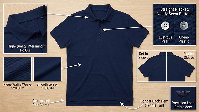 An annotated image showing the different parts of a polo shirt: collar, placket, sleeve cuff, and side vent