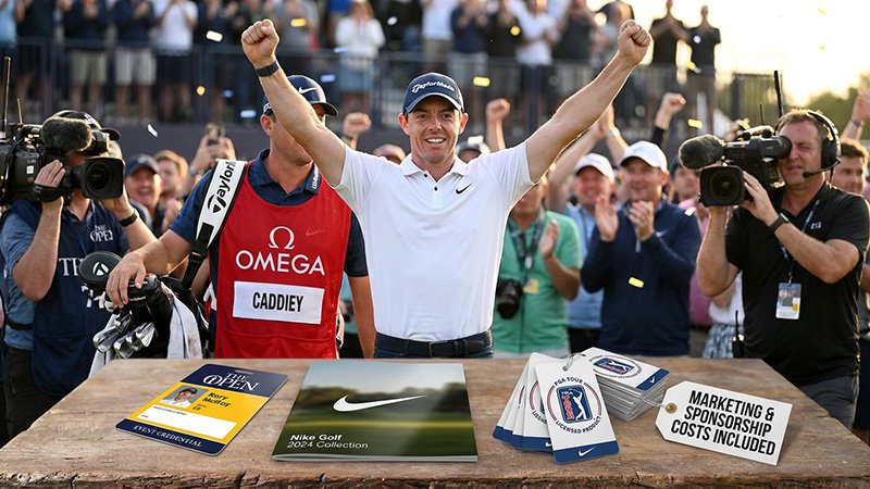Athlete Endorsements and Golf Apparel Marketing A professional golfer celebrating a win, prominently featuring brand logos on their shirt.