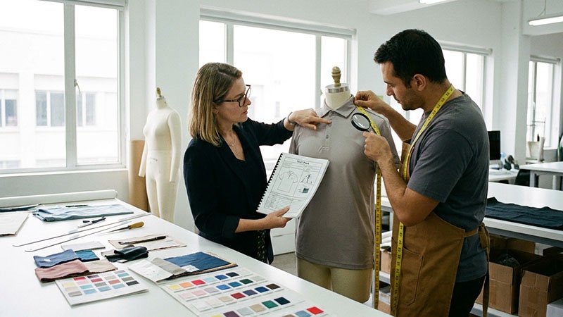 A designer and a pattern maker reviewing a golf polo sample on a mannequin.