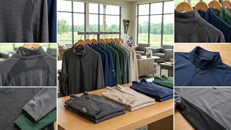 A collection of different golf quarter-zips in various colors and fabrics.
