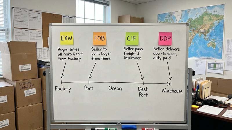 A diagram explaining the difference between FOB, CIF, and DDP shipping terms.
