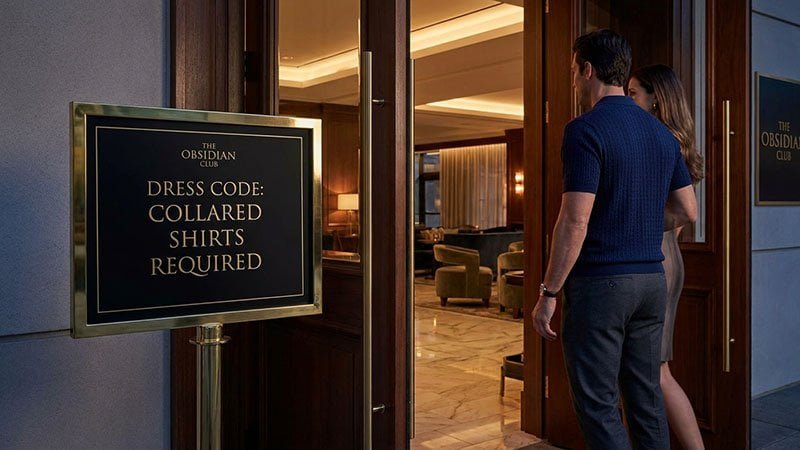 Understanding dress codes for polo shirts A sign for a dress code outside an upscale lounge, indicating 'collared shirts required'
