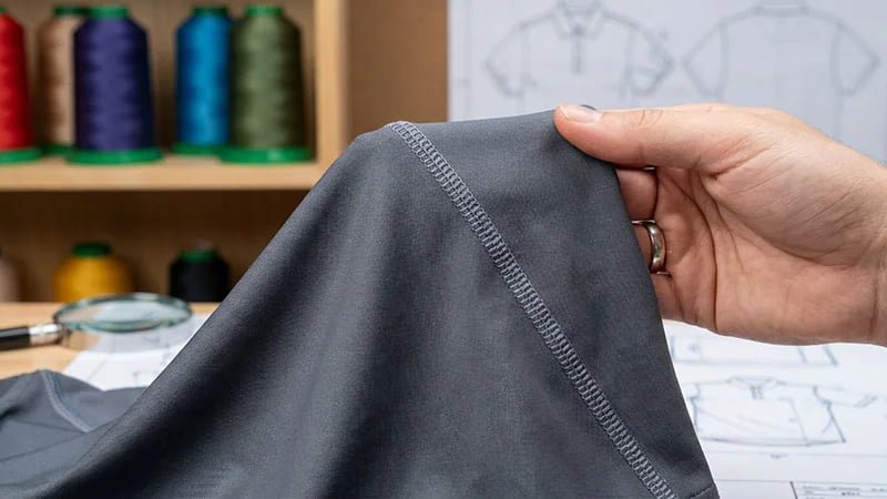 A close-up of a 4-needle 6-thread flatlock seam on a performance golf shirt.