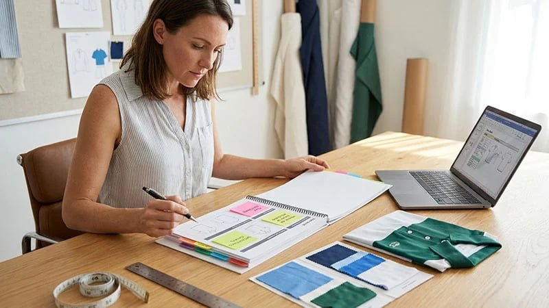designer reviewing a complete tech pack with callouts
