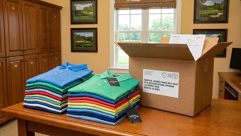 What to do with old golf shirts A stack of neatly folded, colorful golf shirts next to a shipping box for donation