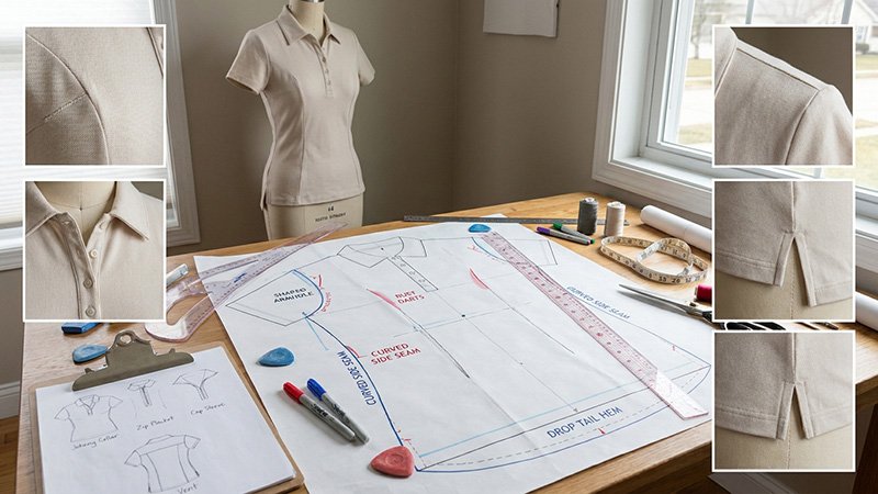 Women-specific pattern engineering for polos A technical fashion illustration showing bust darts and a curved side seam on a women's polo pattern