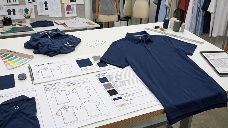 A detailed tech pack for a golf polo spread out on a table with fabric swatches and a finished garment