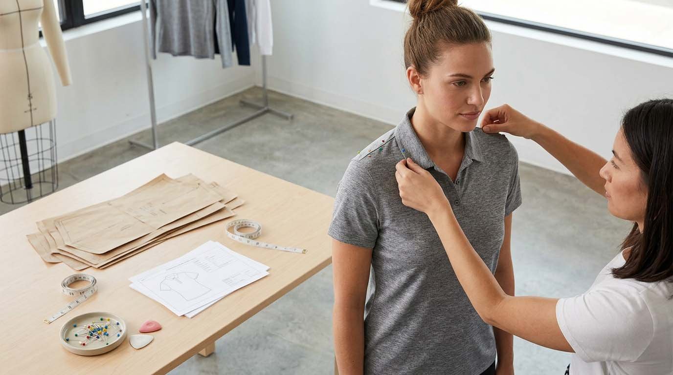 Fixing a polo's shoulder slope and balance A diagram comparing a correct shoulder slope to one that causes a back neck bubble