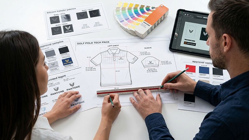 An artwork callout page showing logo placements on the chest and sleeve with exact measurements and Pantone color codes