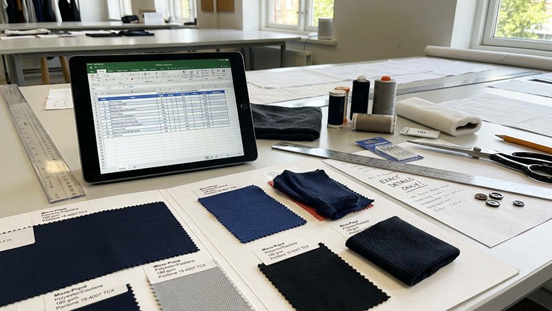 A detailed Bill of Materials (BOM) sheet showing fabric, trims, buttons, labels, and packaging components