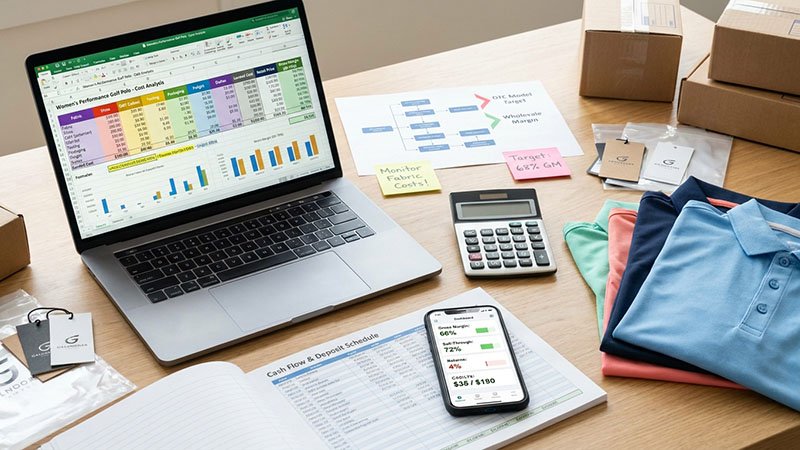 Calculating unit economics and pricing for a golf brand A spreadsheet showing the calculation of landed cost and gross margin for a polo shirt