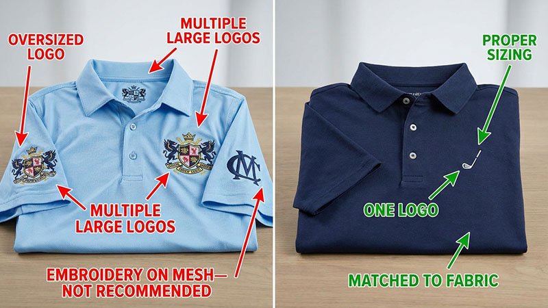 Common logo placement mistakes Example of over-branded golf polo vs clean design