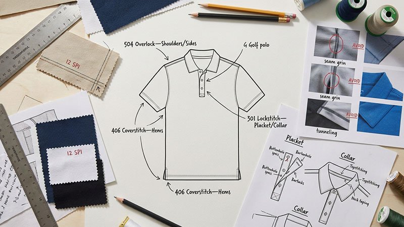 A technical flat sketch of a polo with callouts showing different stitch types like 504 overlock and 406 coverstitch