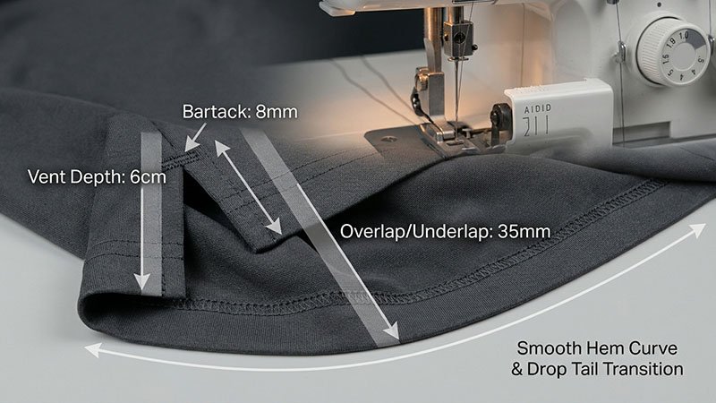 Construction of a clean side vent and hem A close-up shot of a well-constructed side vent on a golf polo, showing the clean finish and bartack reinforcement