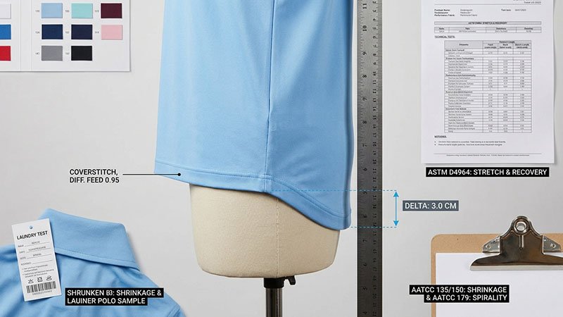 Correct drop tail measurement and hem balance A side-view illustration showing the correct 2-4 cm drop tail delta on a golf polo
