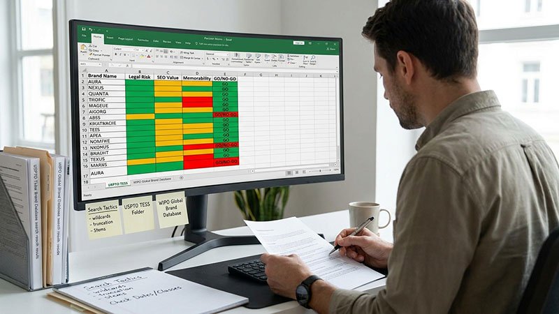 A decision matrix on a computer screen, scoring potential brand names on legal risk, SEO value, and memorability