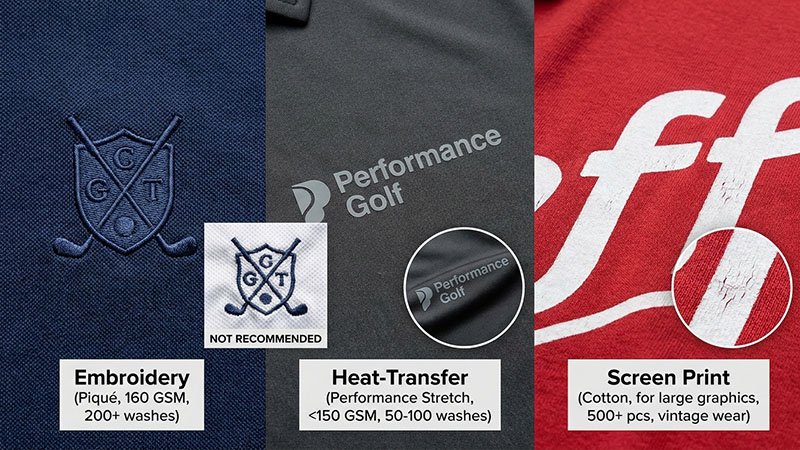 Different decoration methods on golf polos Comparison of embroidery vs heat-transfer logos