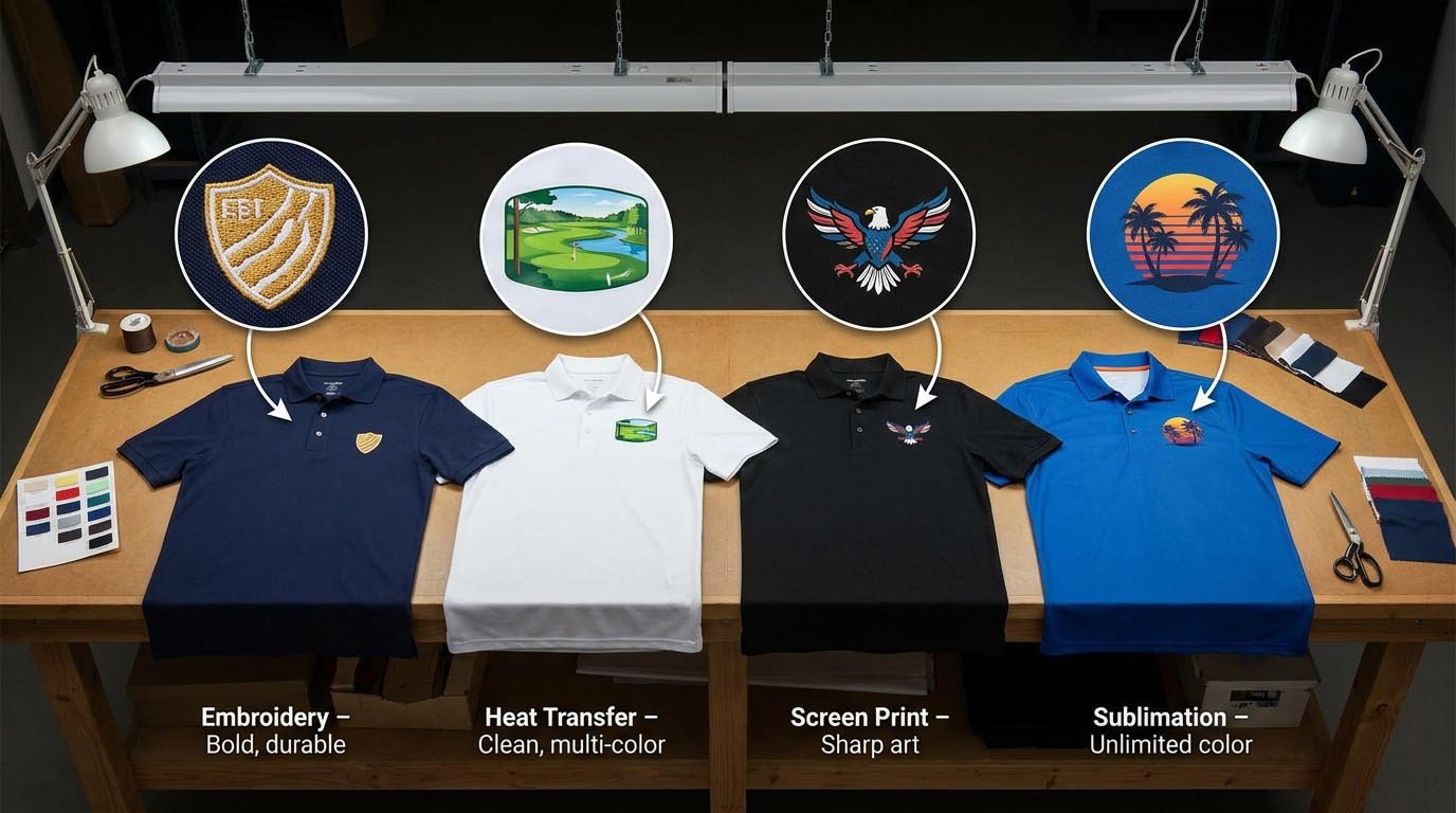 Best Logo Methods for Golf Apparel: Embroidery, Heat Transfer, Screen Printing, Sublimation