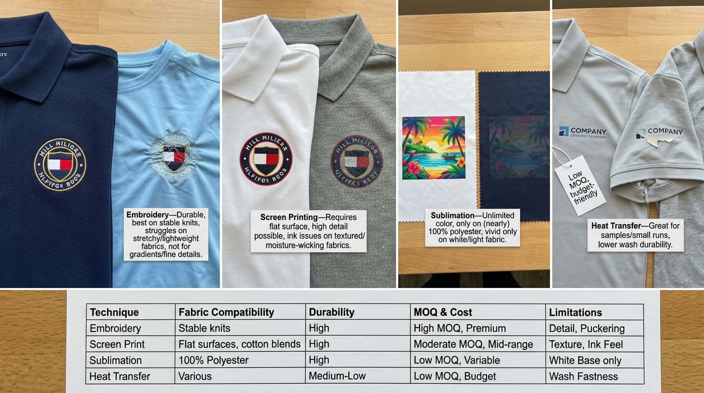 Embroidery vs screen print vs sublimation characteristics Logo decoration technique comparison