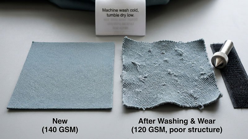Close-up of fabric showing pilling and snagging