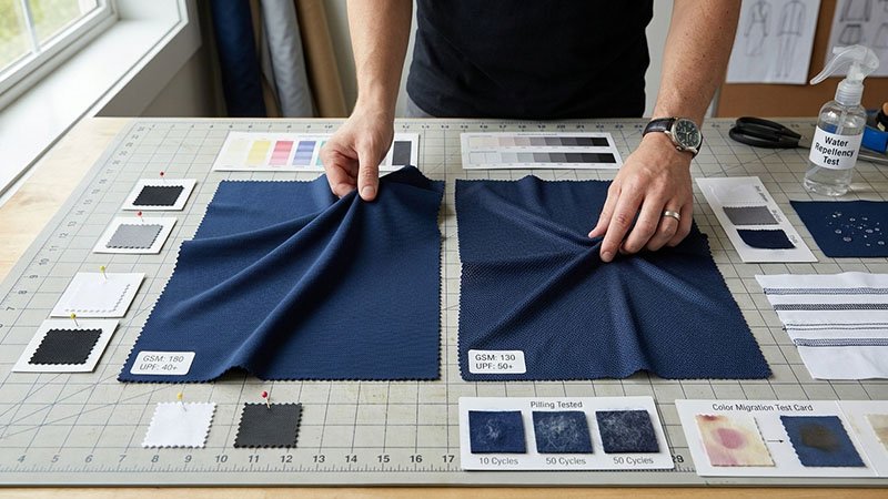 Fabric hand, sheen, and color for golf apparel A close-up comparison of two fabrics: one matte-finish piqué and one semi-sheen micro-mesh