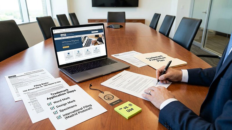 A person signing a legal document, with trademark application forms visible in the background