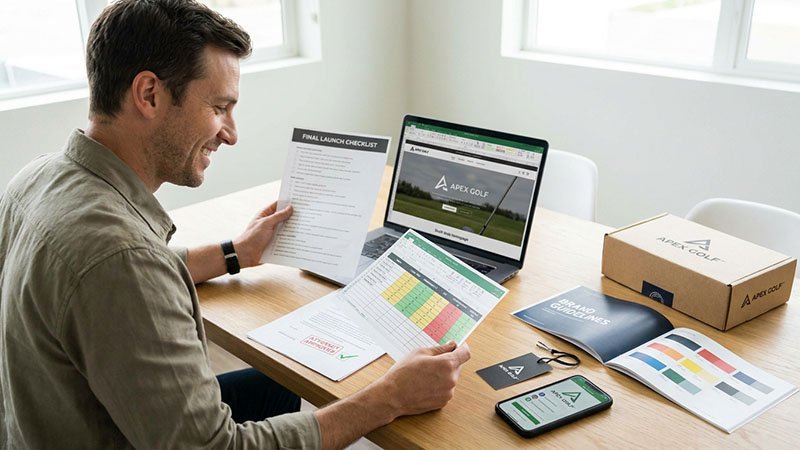 A final checklist being reviewed by a brand owner before launching their new golf apparel website