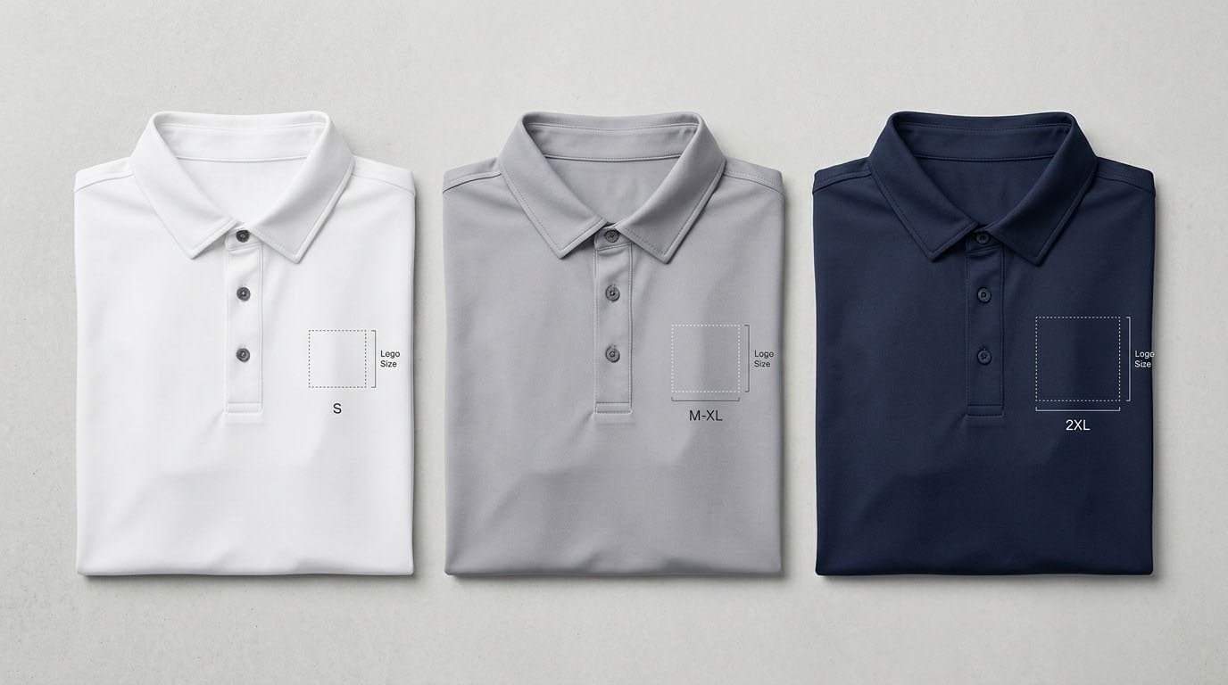 Golf polo logo placement across garment sizes