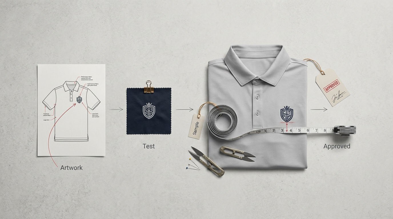 Golf polo logo placement approval workflow