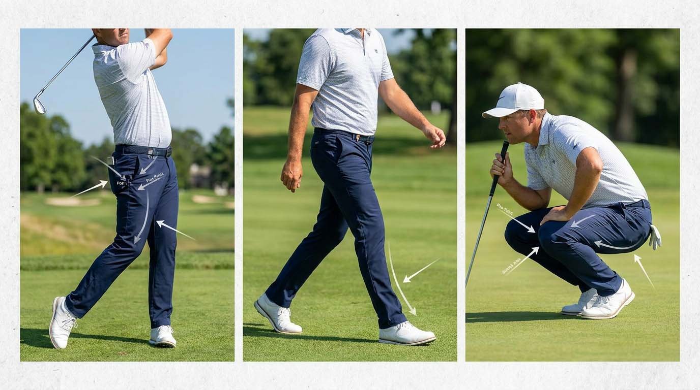 Golfer demonstrating swing, walk, and crouch positions