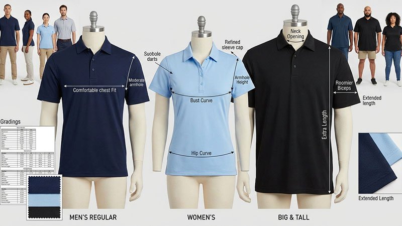 Grading and fit variants for different body types Three mannequins showing the different fit silhouettes of a Men's, Women's, and Big & Tall polo