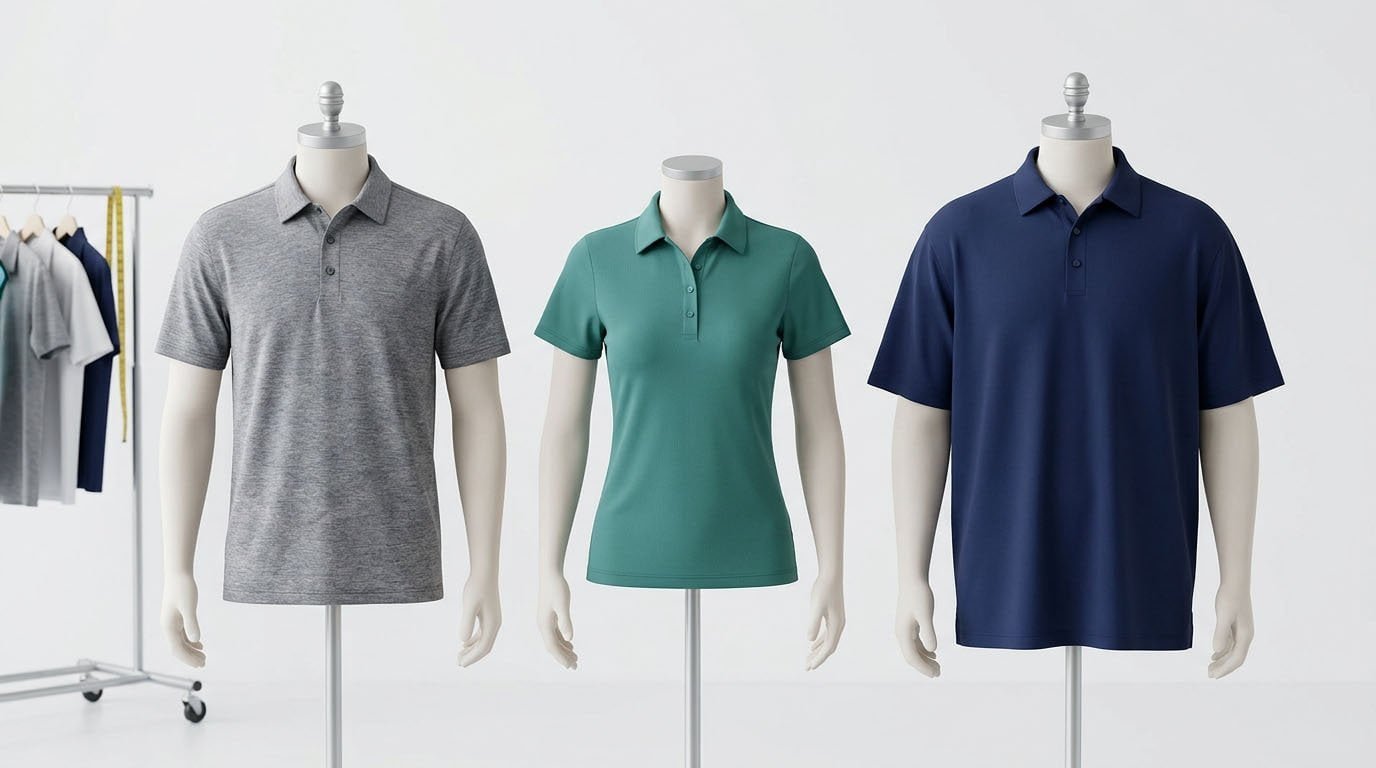 Grading and fit variants for different body types Three mannequins showing the different fit silhouettes of a Men's, Women's, and Big & Tall polo