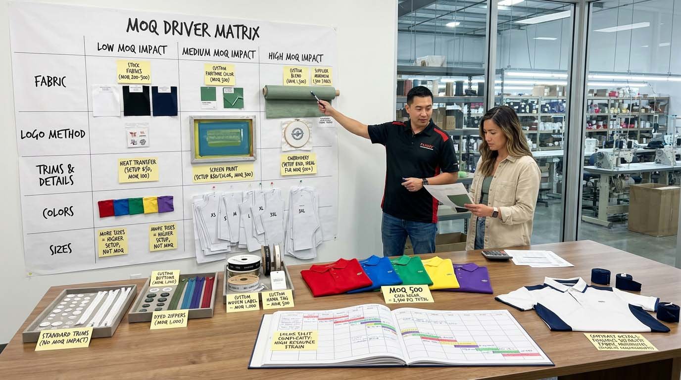 How design choices and customization levels affect minimum order requirements MOQ drivers matrix showing fabric, logo, and trim minimums