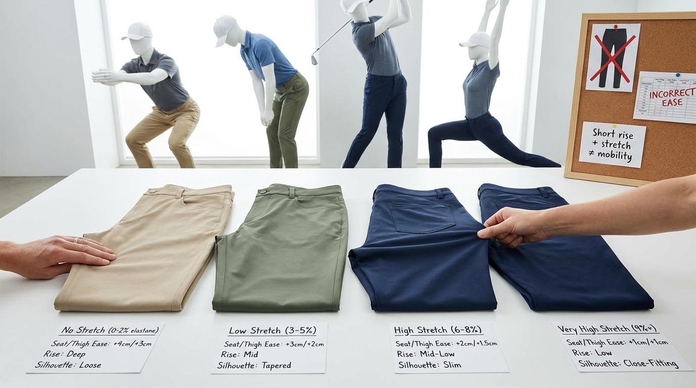 How elastane content affects fit and mobility Stretch fabric behavior diagram