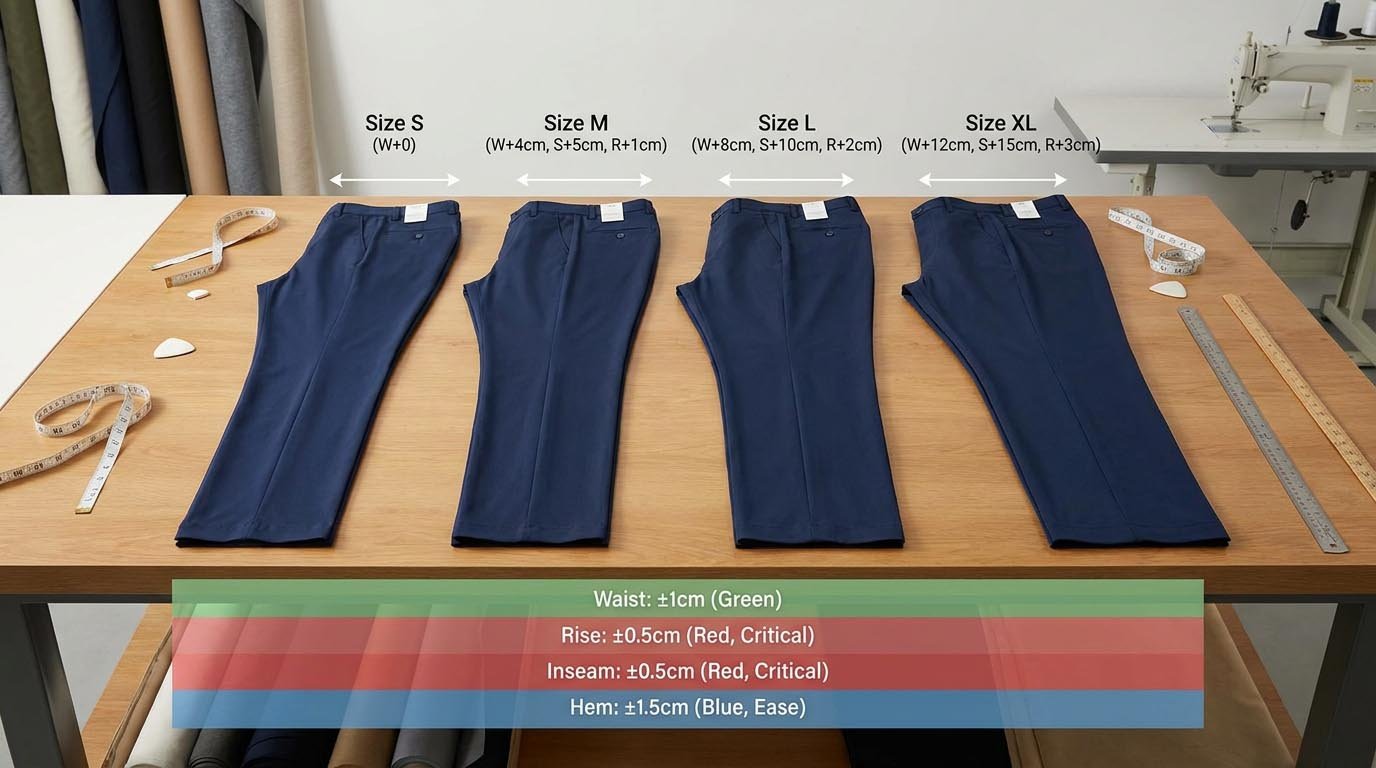 Size grading chart for golf pants