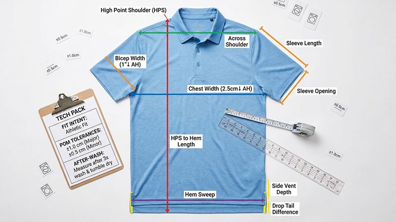Key Points of Measure for a Golf Polo A detailed diagram showing all the key points of measure (POMs) on a golf polo flat sketch