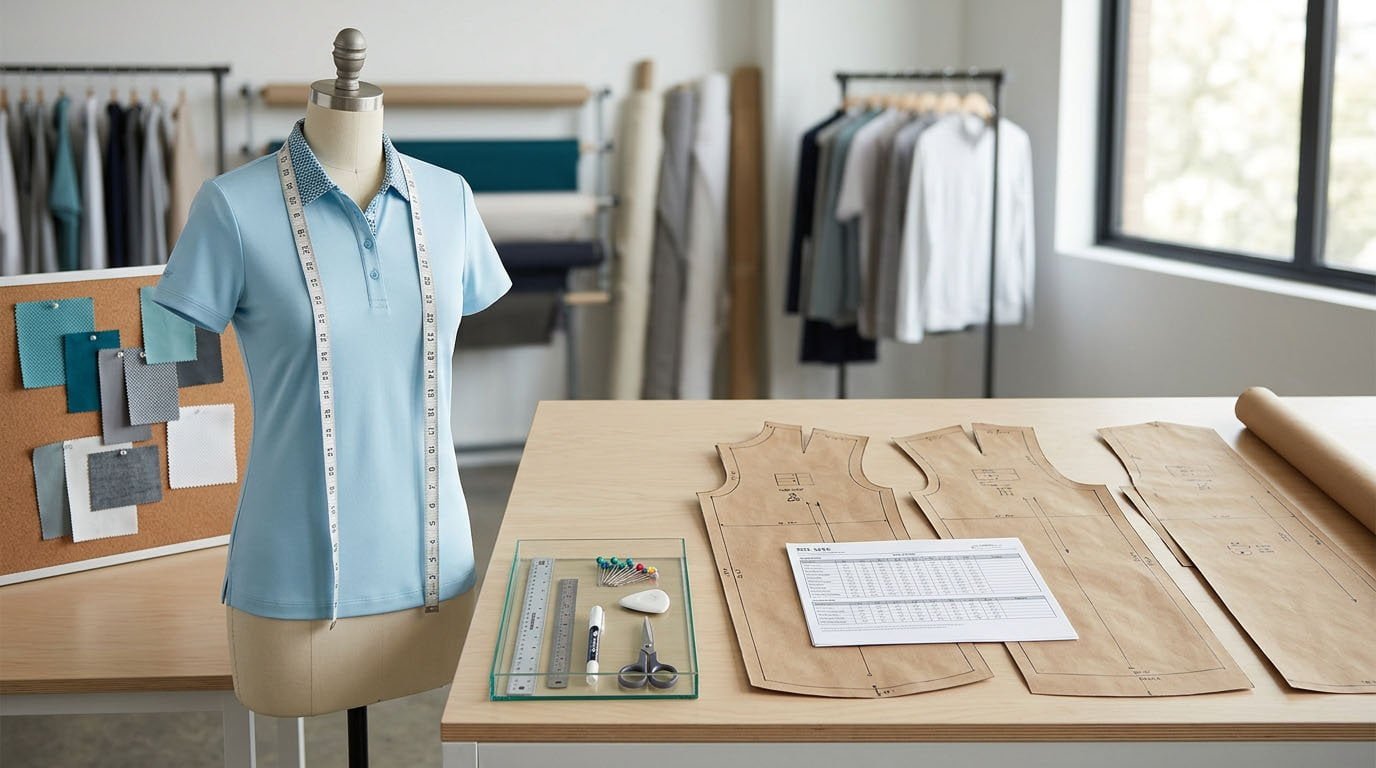 A detailed diagram showing all the key points of measure (POMs) on a golf polo flat sketch