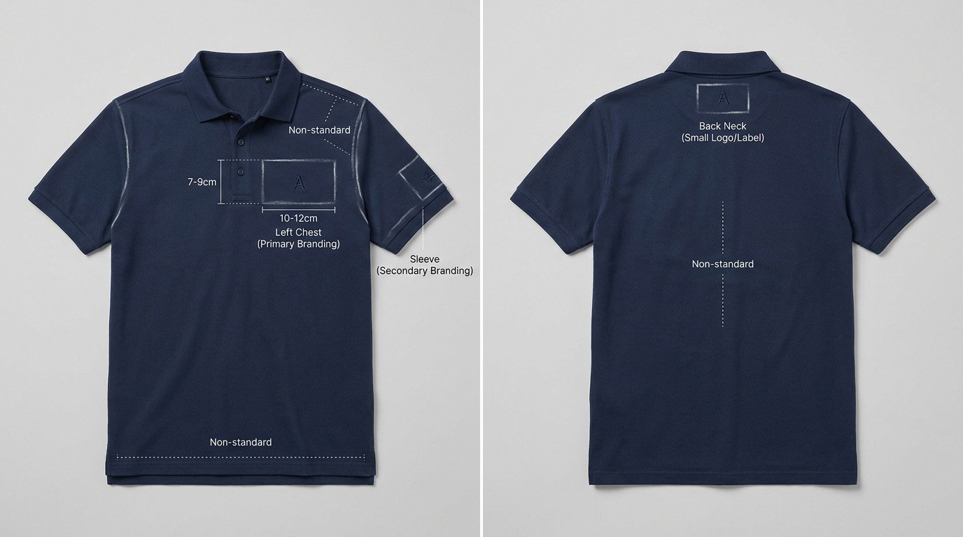Left chest, sleeve, and back neck logo zones Diagram showing logo placement zones on a polo shirt