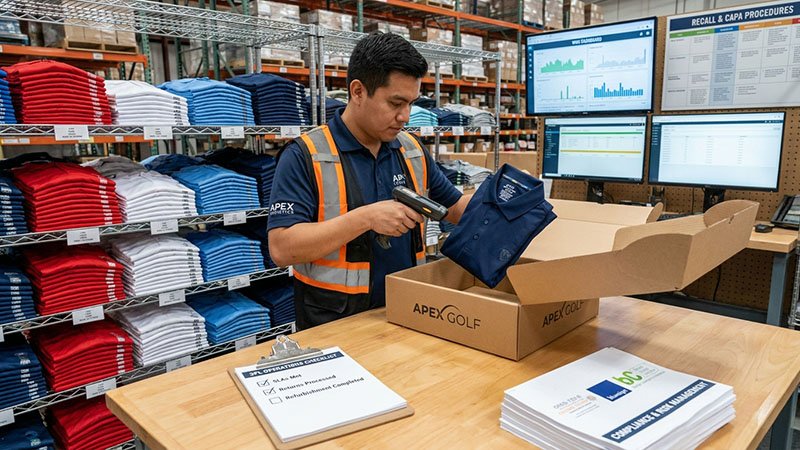 Logistics and operations for an e-commerce brand A warehouse worker scanning and packing a golf polo into a branded shipping box