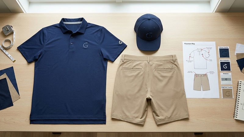 Logo and graphic placement map for golf apparel A diagram showing the standard logo placement locations on a golf polo, shorts, and hat