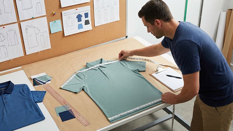 Mastering the technical fit of a golf polo A technical designer using a measuring tape on a golf polo sample laid flat on a pattern table