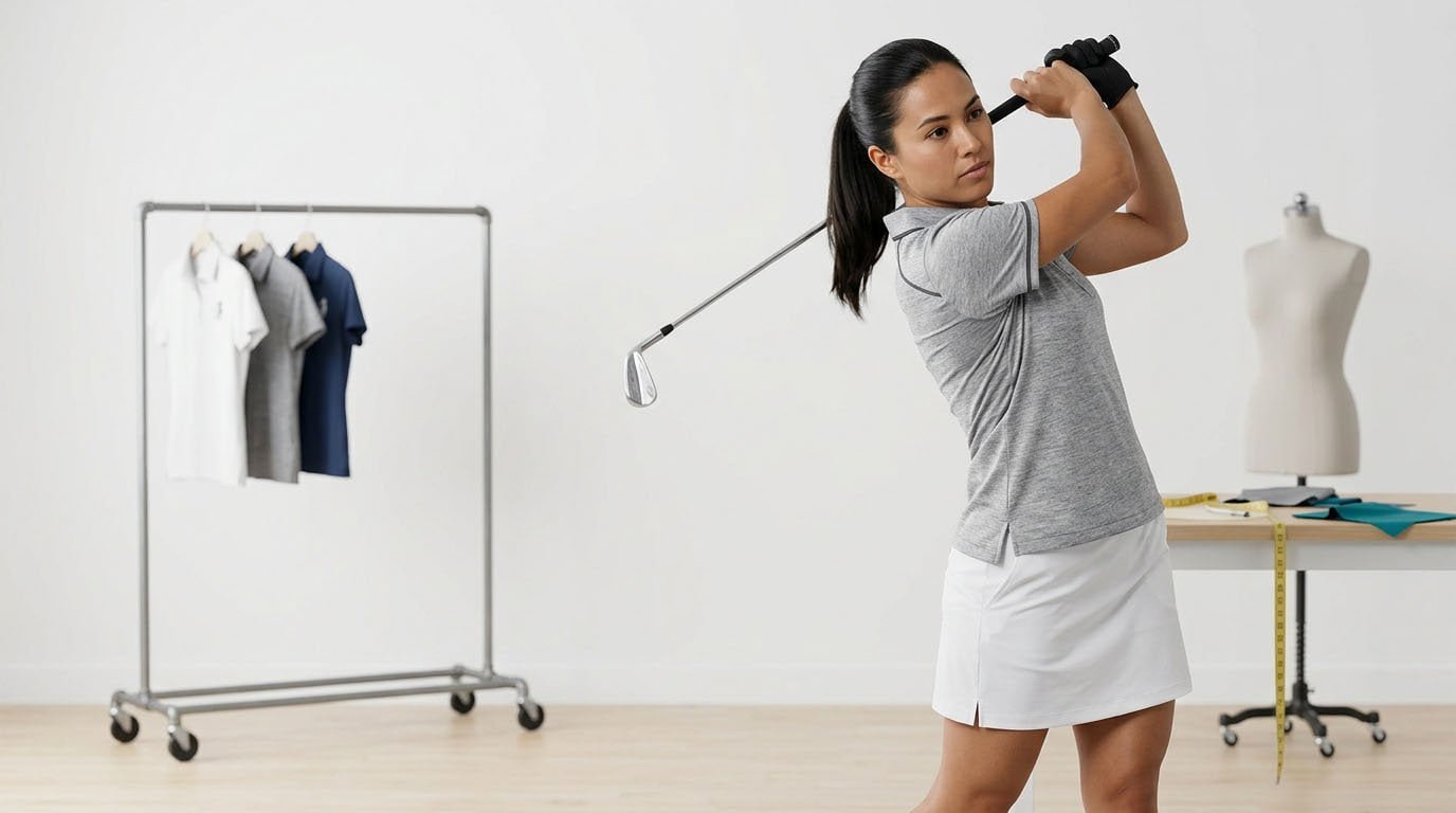 Mastering the technical fit of a golf polo A technical designer using a measuring tape on a golf polo sample laid flat on a pattern table