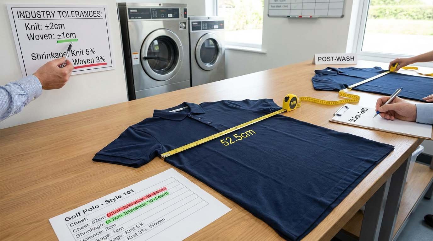 Industry standard tolerance ranges for knit golf polo measurements Measurement tolerance guidelines