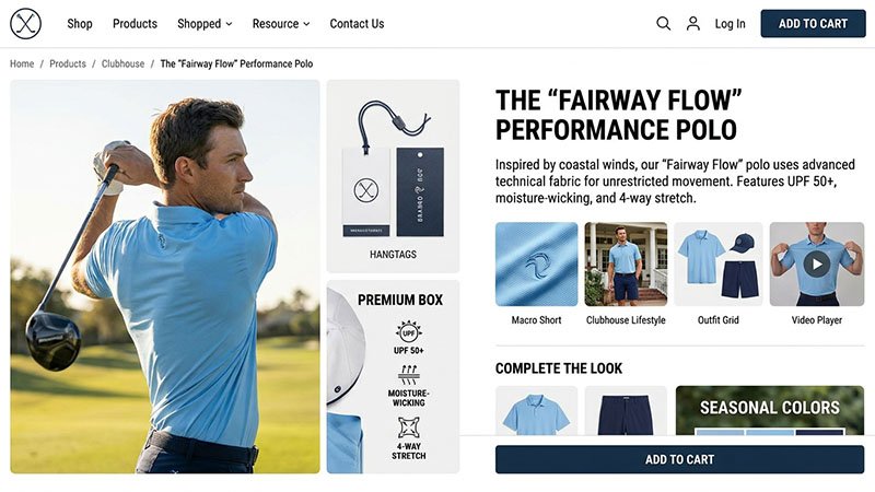 Merchandising and storytelling for golf apparel An e-commerce product page showing a golf polo with on-course action shots, close-up fabric details, and a clear list of performance features