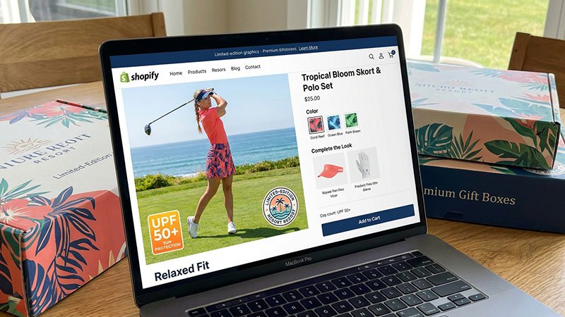 A Shopify product page for a women's golf skort, showing it styled with a matching polo