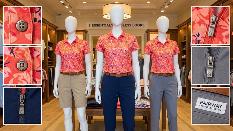 Three mannequins styled in mix-and-match outfits using only one polo style and two bottom styles