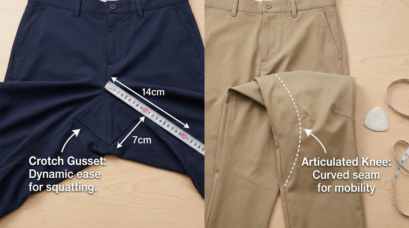 Diagram showing gusset and articulated knee construction
