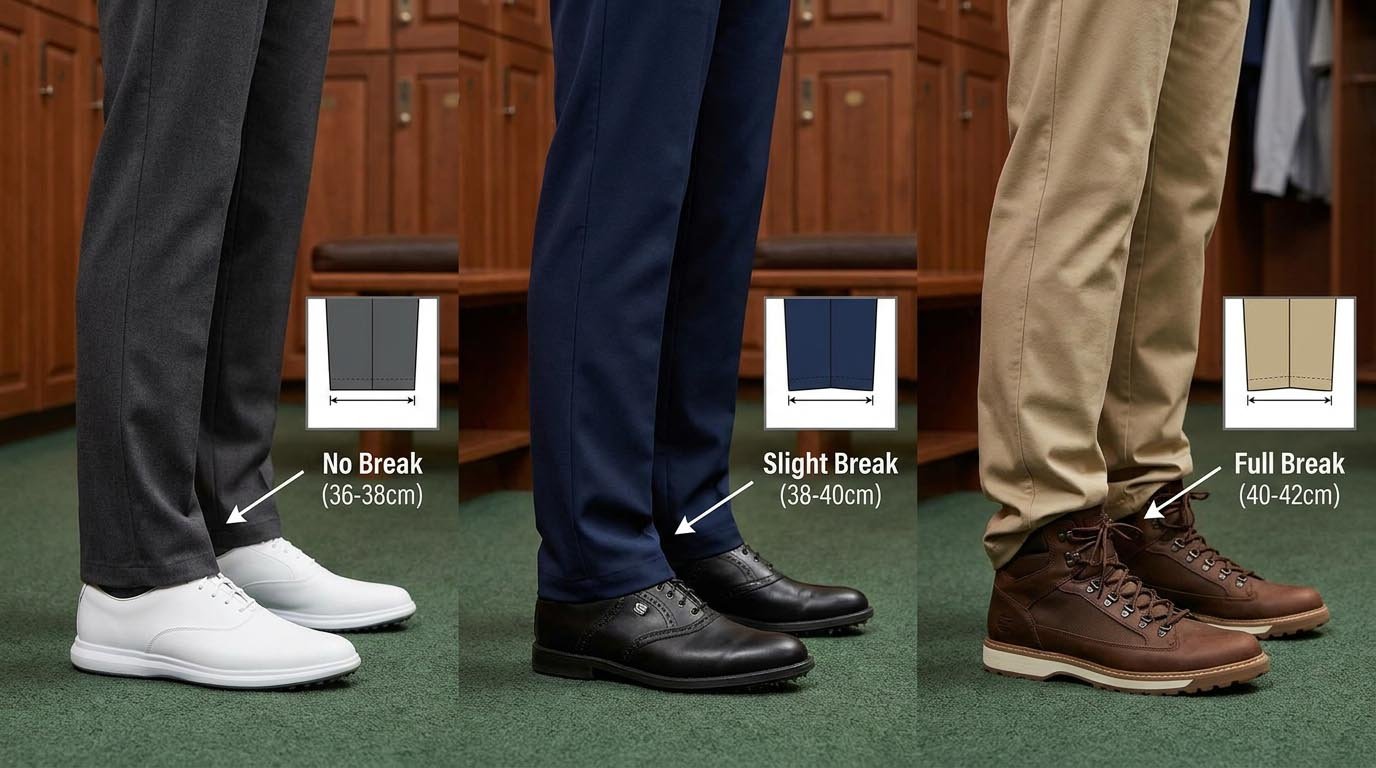 Golf pant hem break options on different shoes