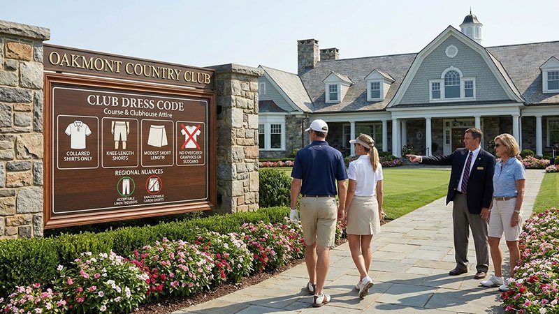 On-course legality and dress codes A sign at a golf club entrance outlining the dress code requirements